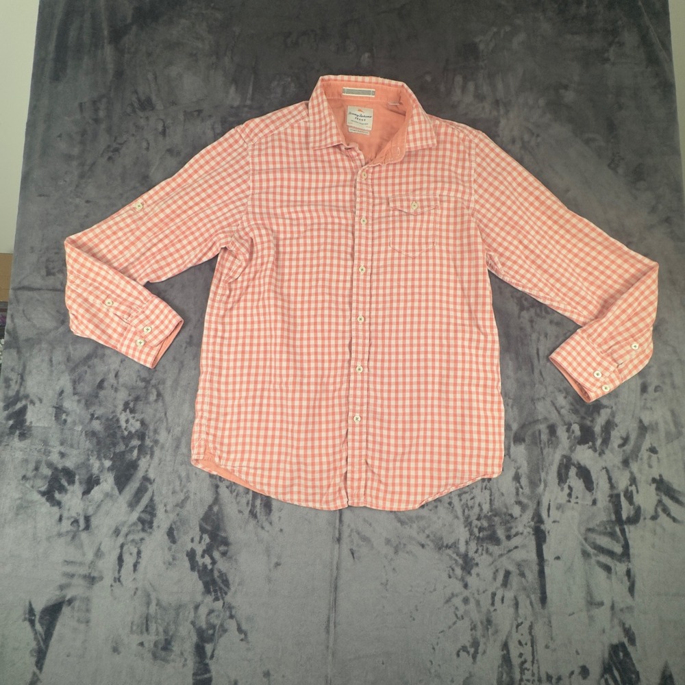 Tommy Bahama Button Down Mens Medium Orange Gingham Island Modern Fit Shirt